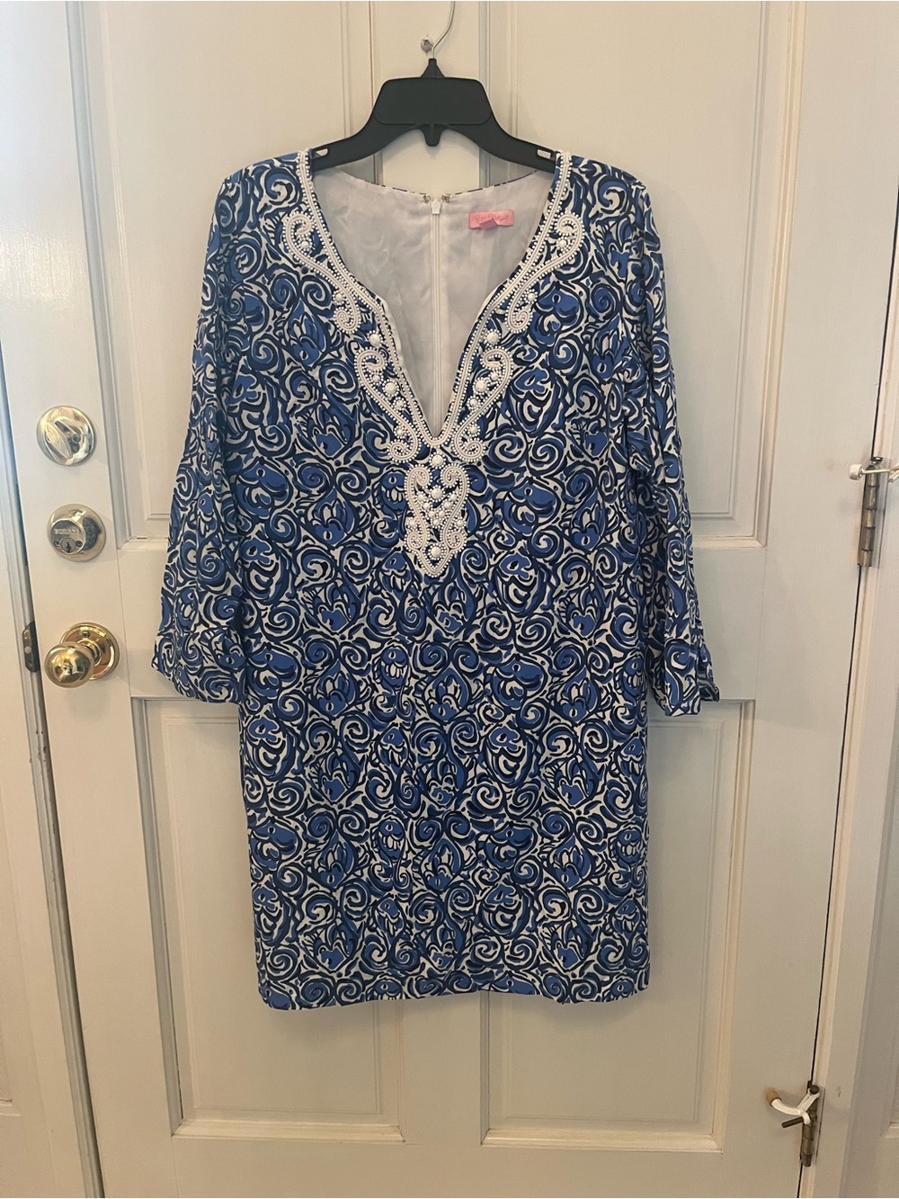 Lilly Pulitzer Blue & White Beaded V-Neck Dress